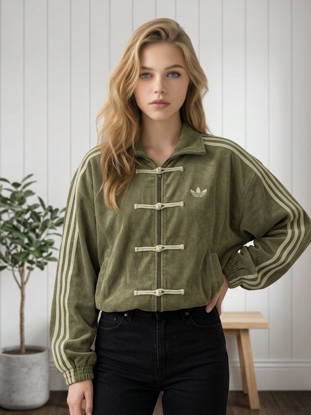 adidas Olive Green Track Jacket with Contrast Stripes